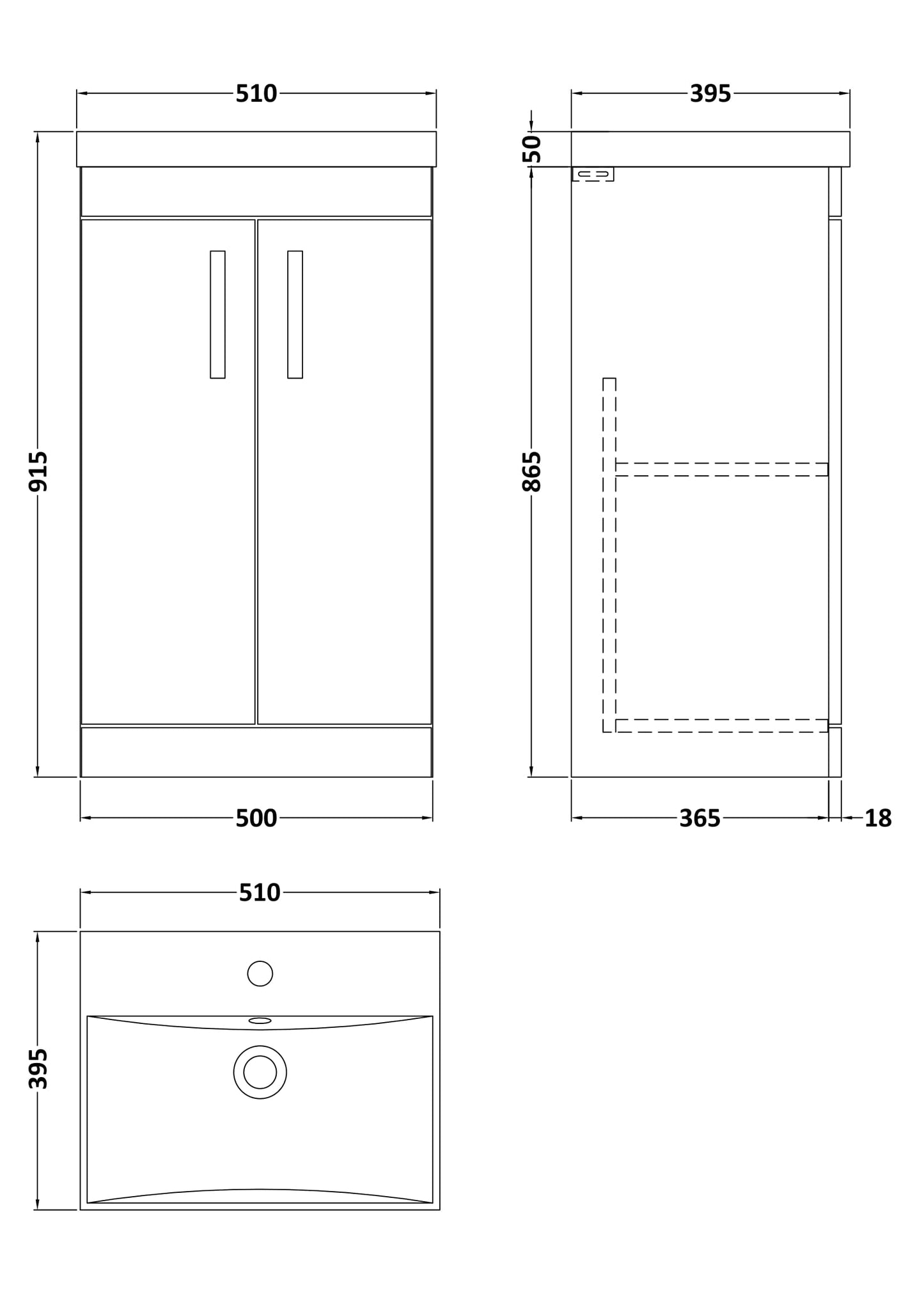 Nuie Athena 510mm Floor Standing 2 Door Vanity Unit With 1 Tap Hole Basin