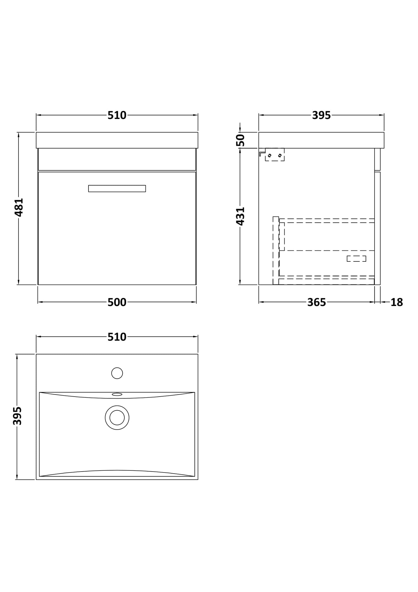 Nuie Athena 500mm Gloss Grey Wall Hung Single Drawer Vanity Unit With 1 Tap Hole Basin