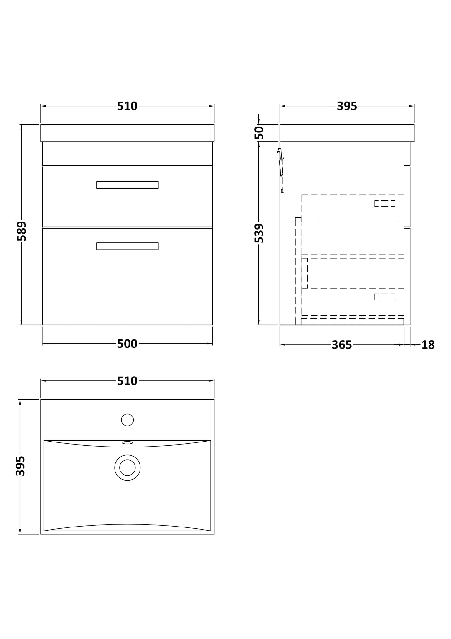 Nuie Athena 500mm Gloss Grey 2 Drawer Wall Hung Vanity Unit With Basin
