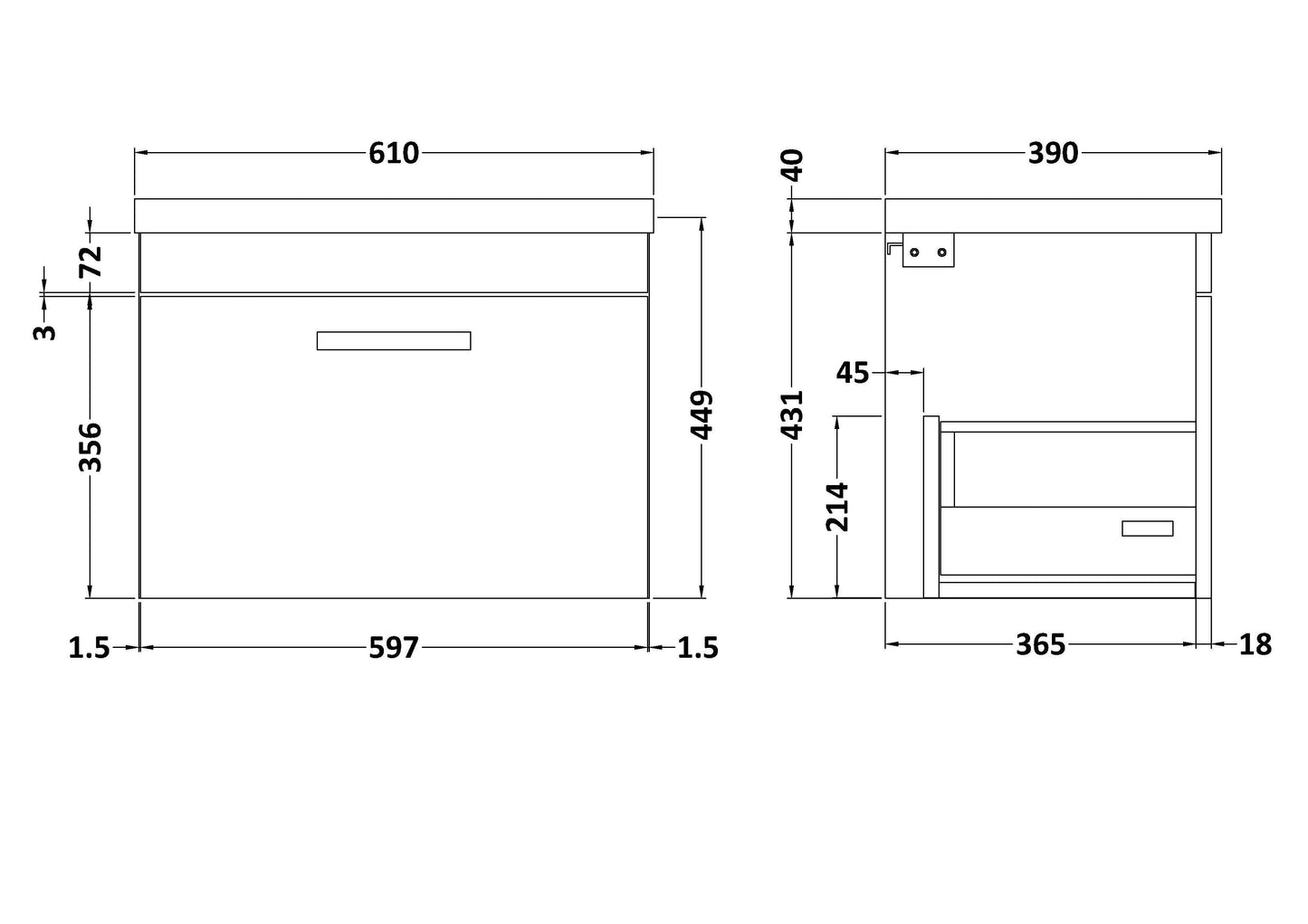 Nuie 600mm Gloss Grey Wall Hung Single Drawer Vanity Unit with 1 Tap Hole Basin