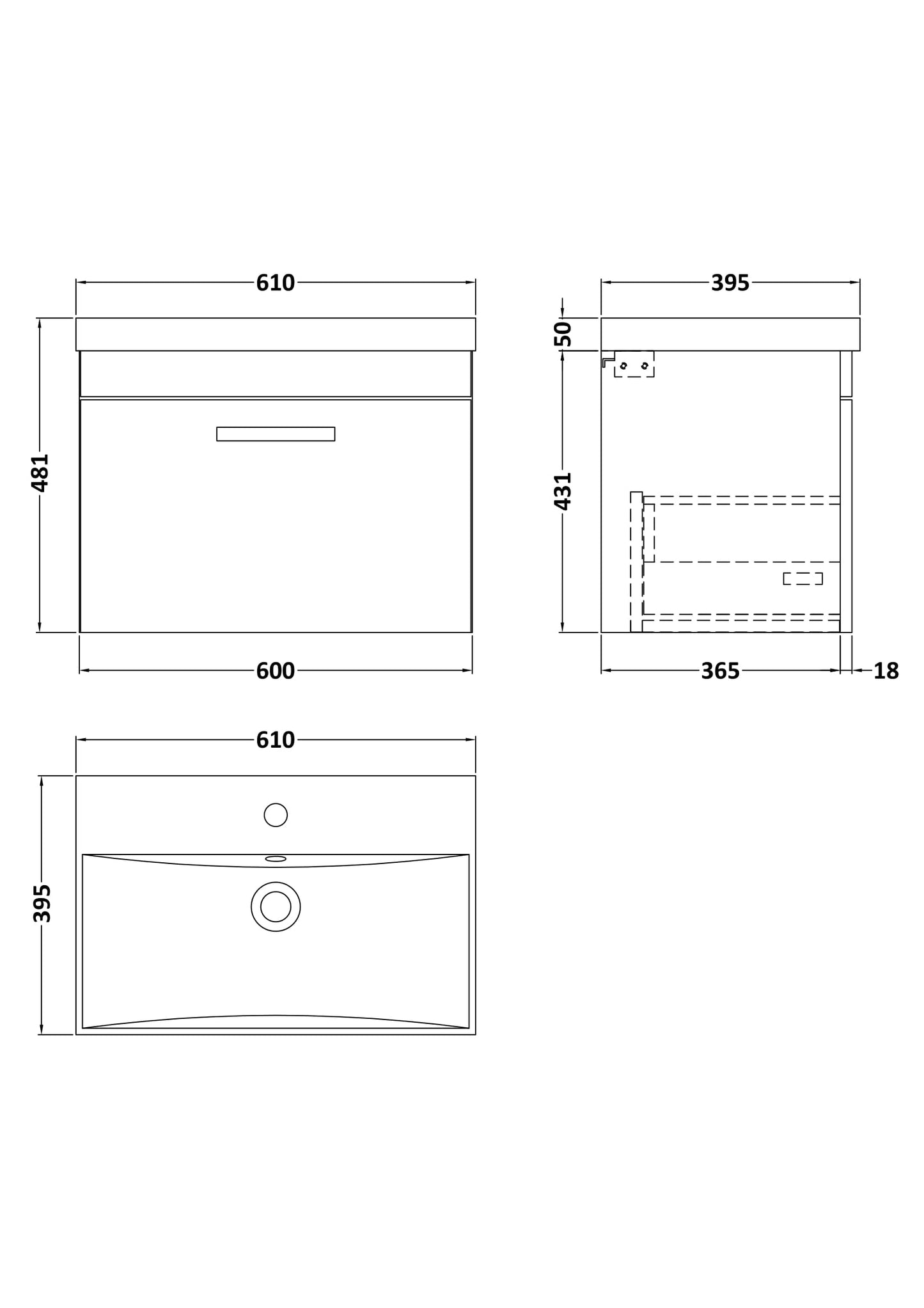 Nuie Athena 600mm Gloss Grey Wall Hung Single Drawer Vanity Unit With 1 Tap Hole Basin