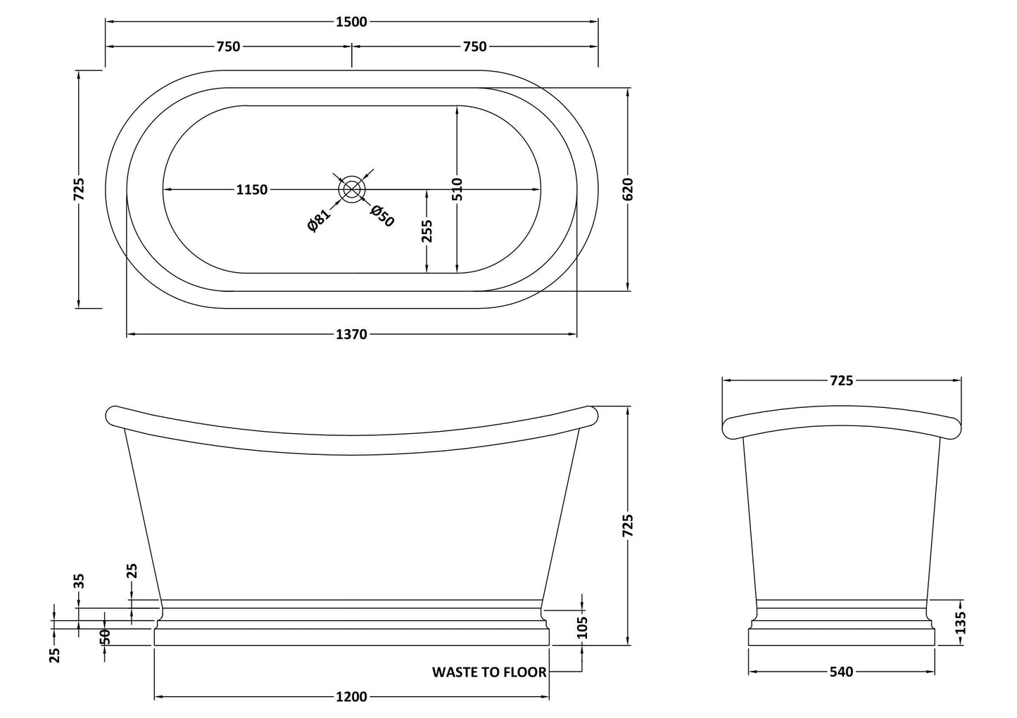 BC Designs Inner 1500mm Copper Boat Freestanding Bath