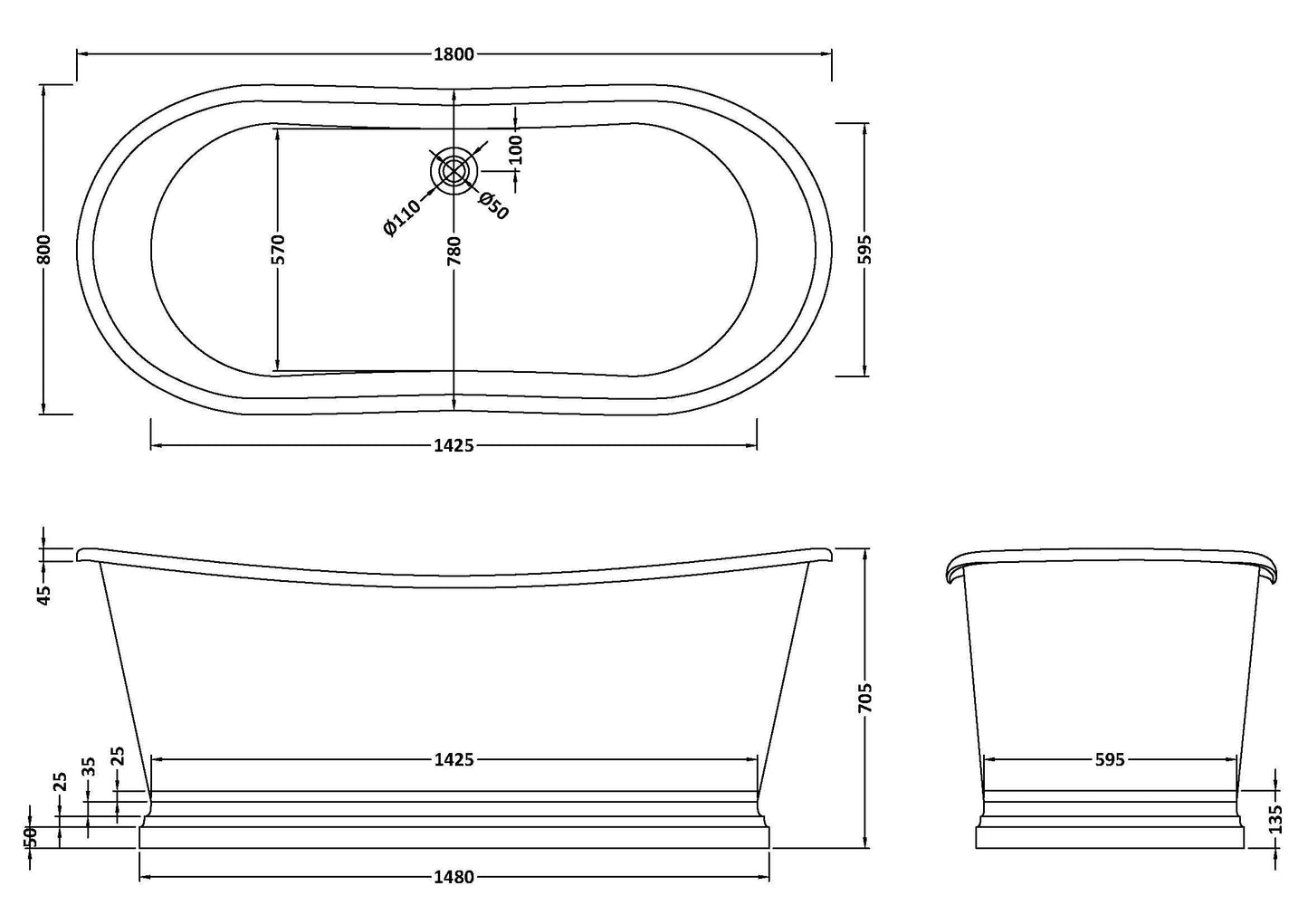 1800mm Boat Bath - Copper Outer/Acrylic Inner