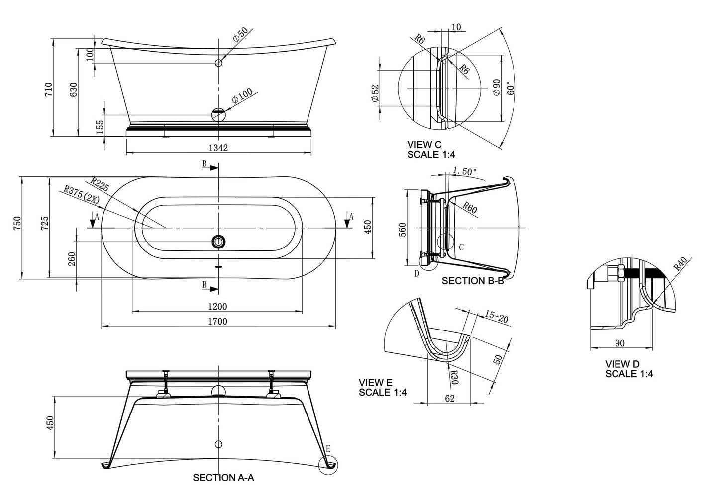 BC Designs Sanded 1700mm Boat Freestanding Bath