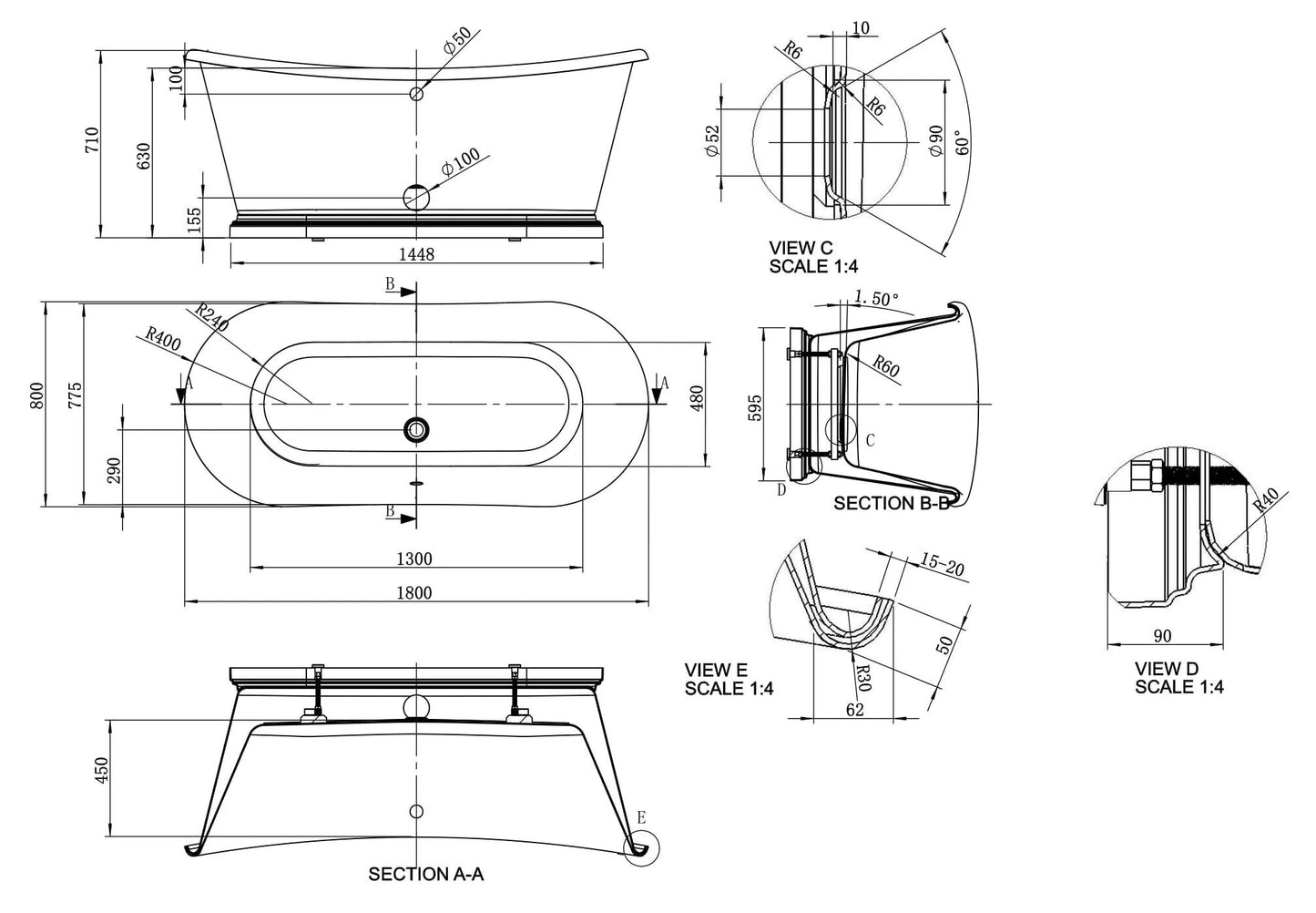 BC Designs Sanded 1800mm Boat Freestanding Bath