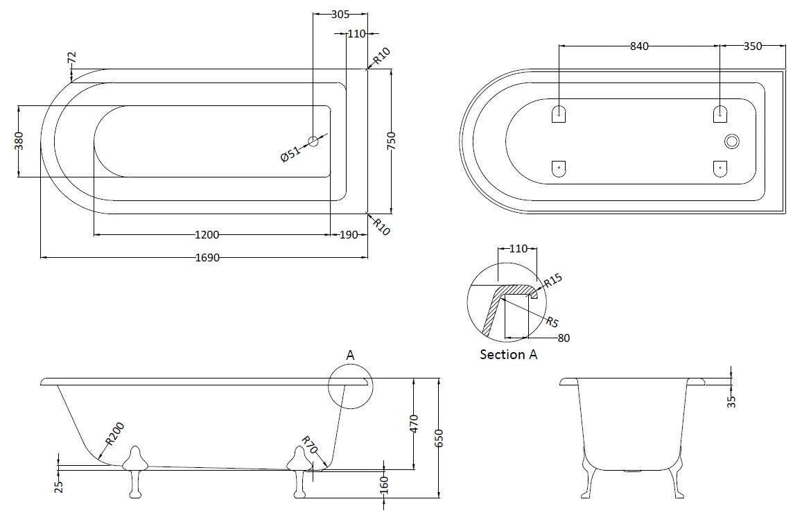 Bayswater 1690mm Freestanding Bath
