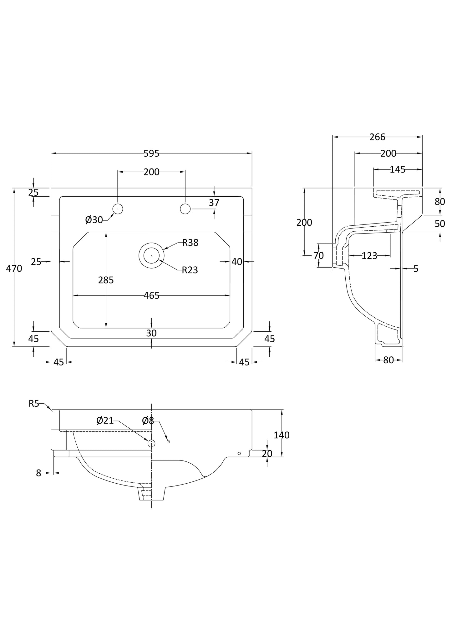 Fitzroy 595mm Basin 2TH Excluding Pedestal