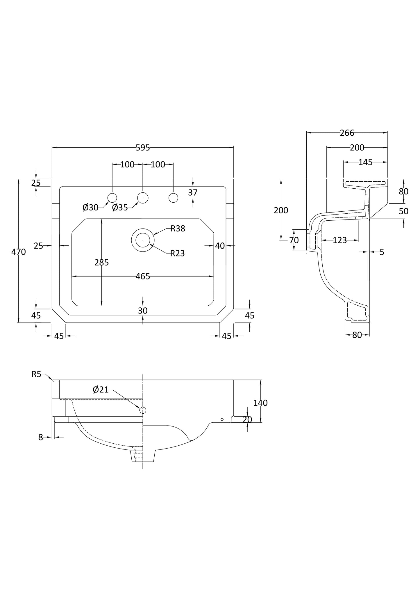 Fitzroy 595mm Basin 3 Tap Hole, Excluding Pedestal