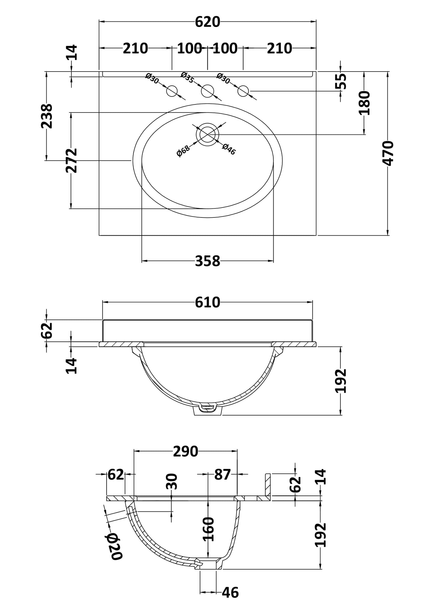Bayswater 600mm Single Bowl 3 Tap Holes