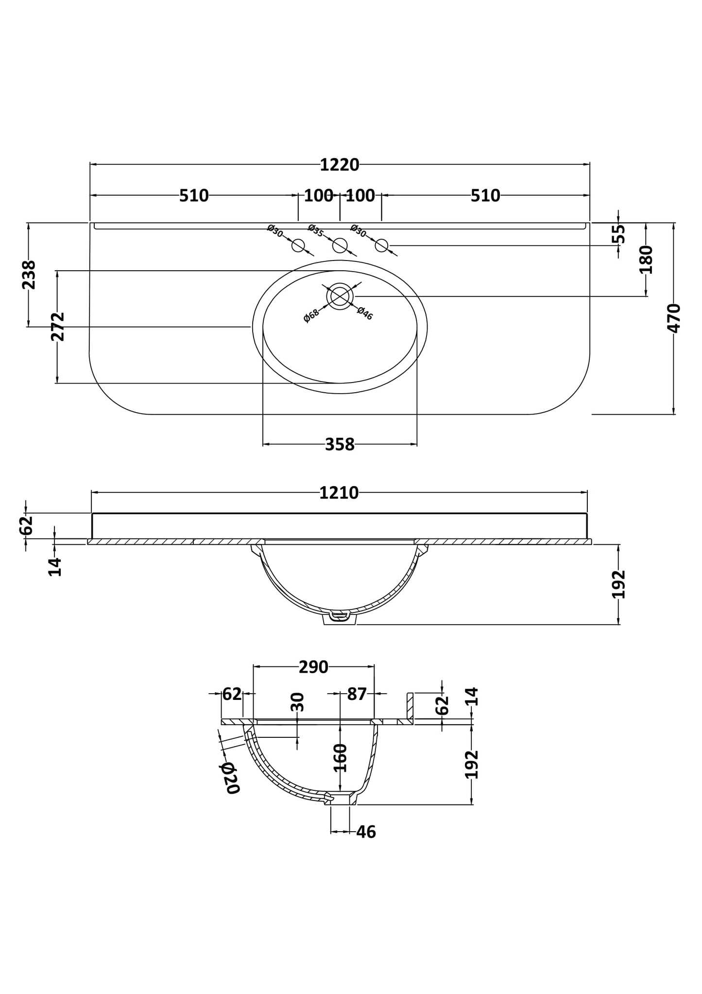 Bayswater 1200mm Single Bowl with Radius 3 Tap Holes