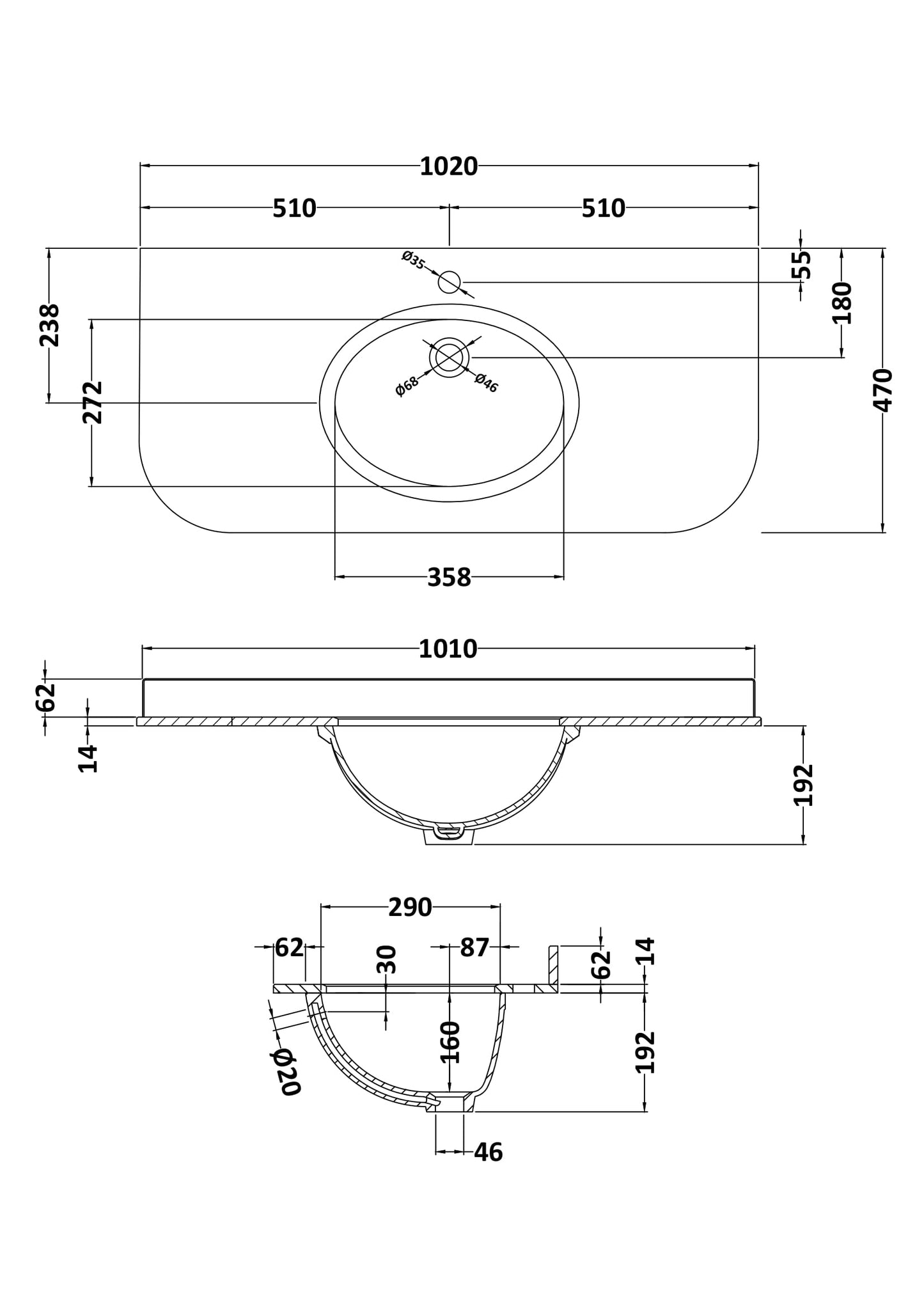 Bayswater 1000mm Single Bowl with Radius 1 Tap Hole