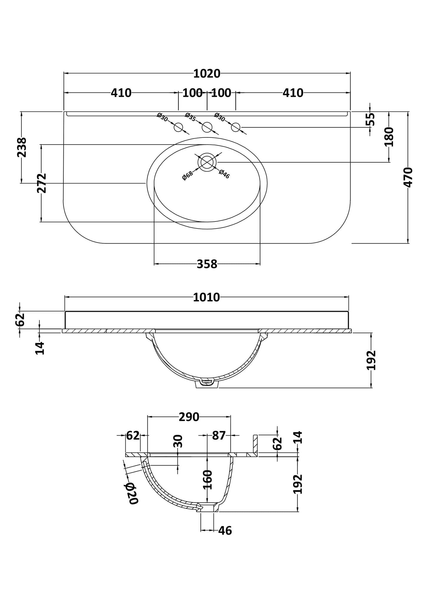 Bayswater 1000mm Single Bowl with Radius 3 Tap Holes