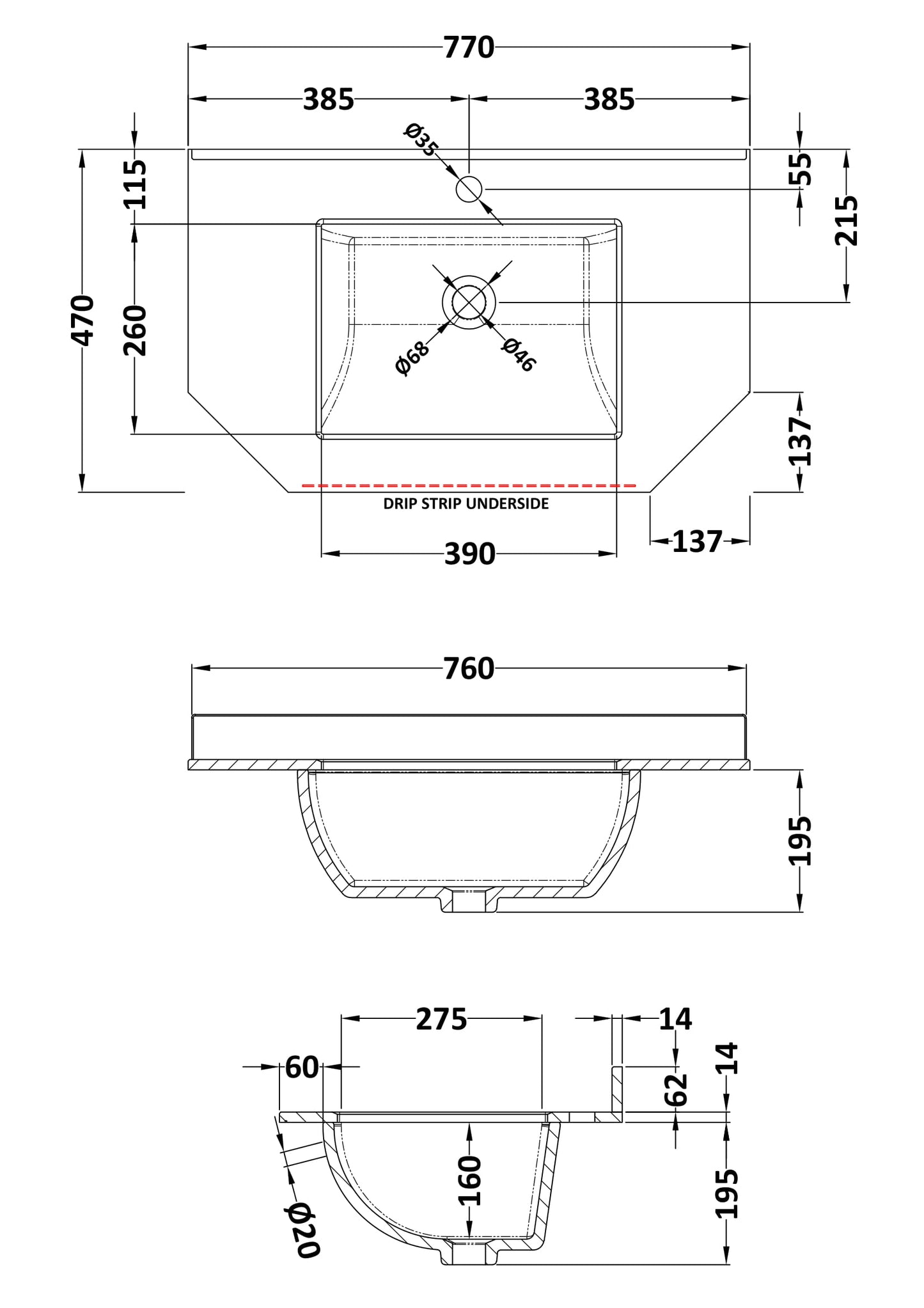 Bayswater 750mm Single Bowl Angled Marble Top 1 Tap Hole