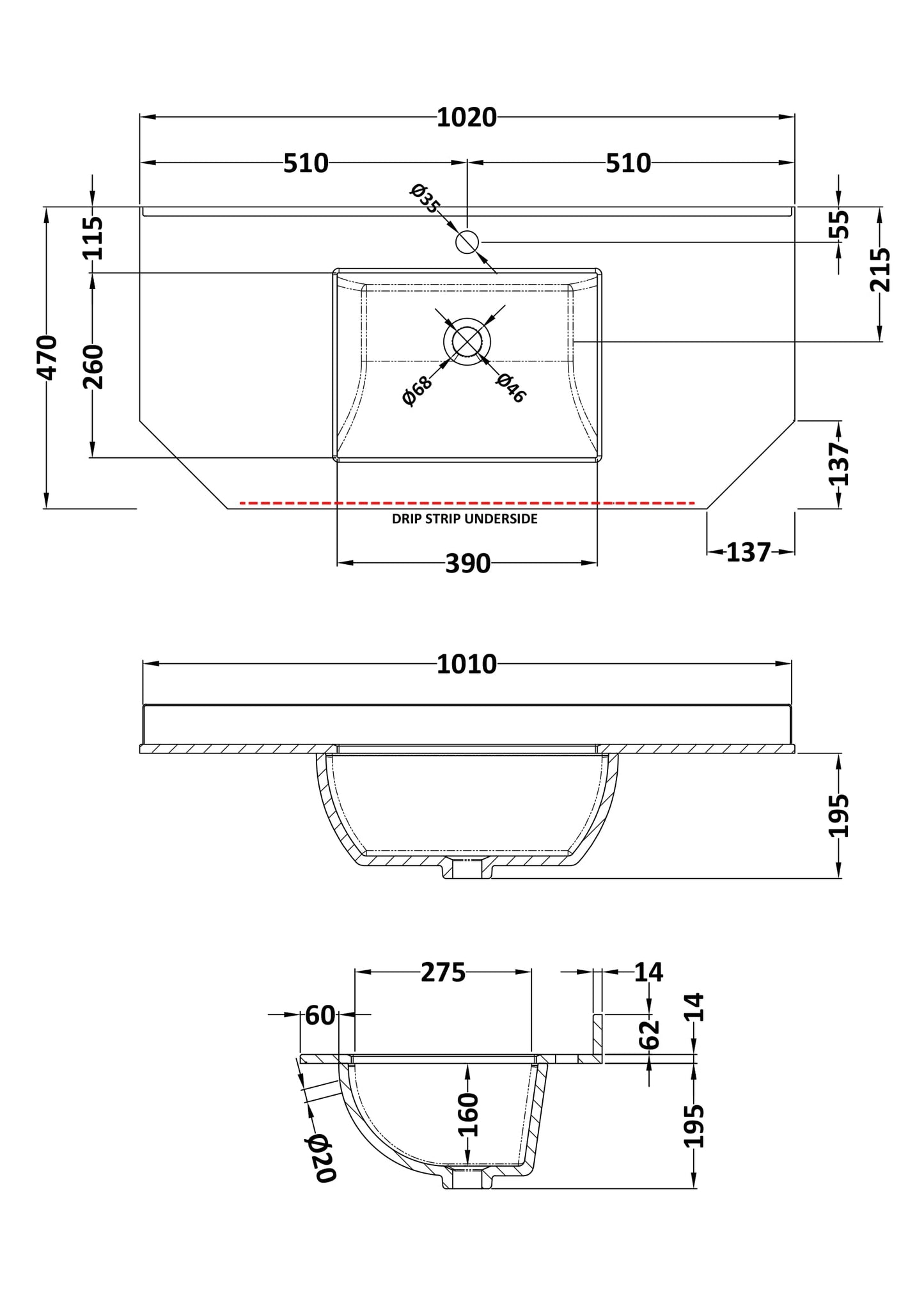 Bayswater 1000mm Single Bowl Angled Marble Top 1 Tap Hole