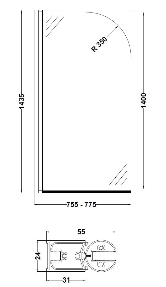 Bayswater Radius Bath Screen 6mm Toughened Safety Glass