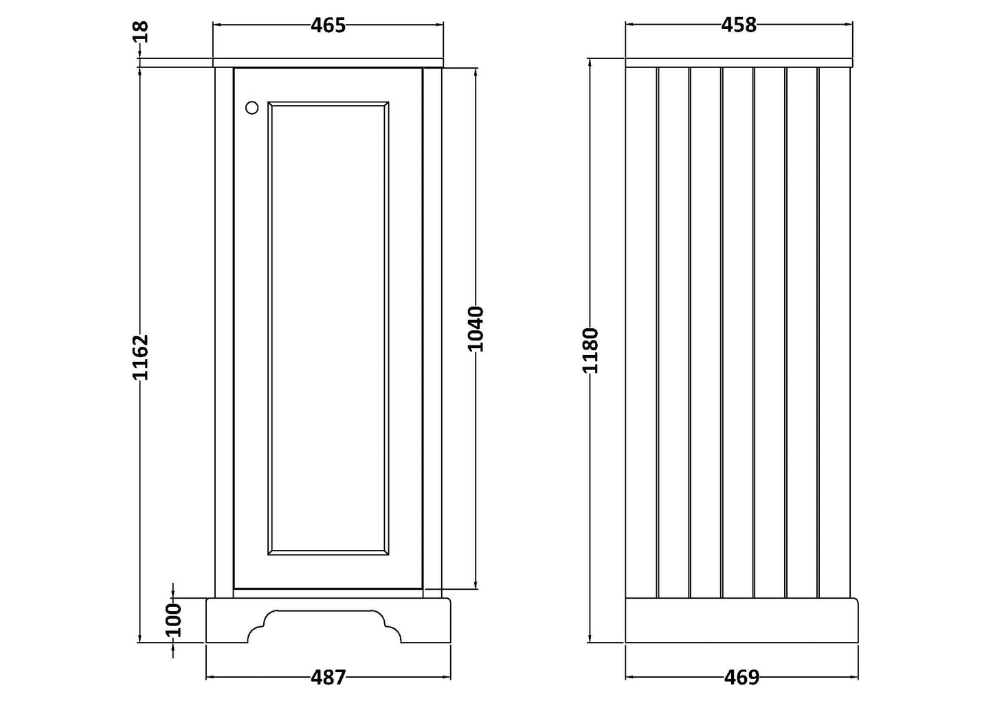 Bayswater 487mm 1 Door Pointing White Floor Standing Tall Cabinet With Handles