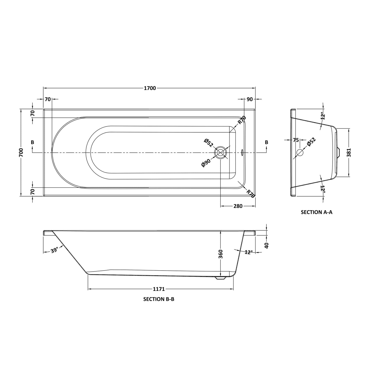 Nuie 1700mm x 700mm White Straight Round Single Ended Bath, Bath Screen, Side Panel, Leg Set and Overflow