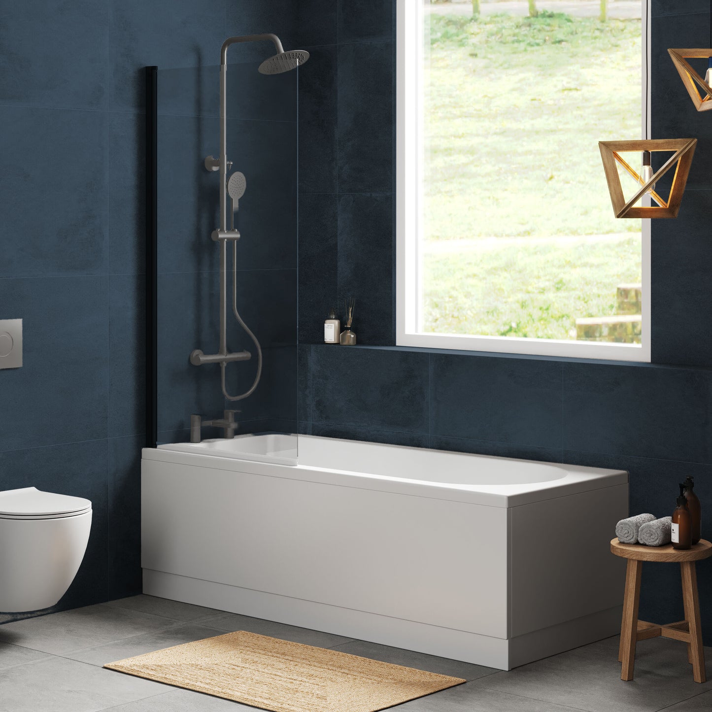 Nuie 1700mm x 700mm White Round Shower Bath, Bath Screen, Front Panel and Leg Set