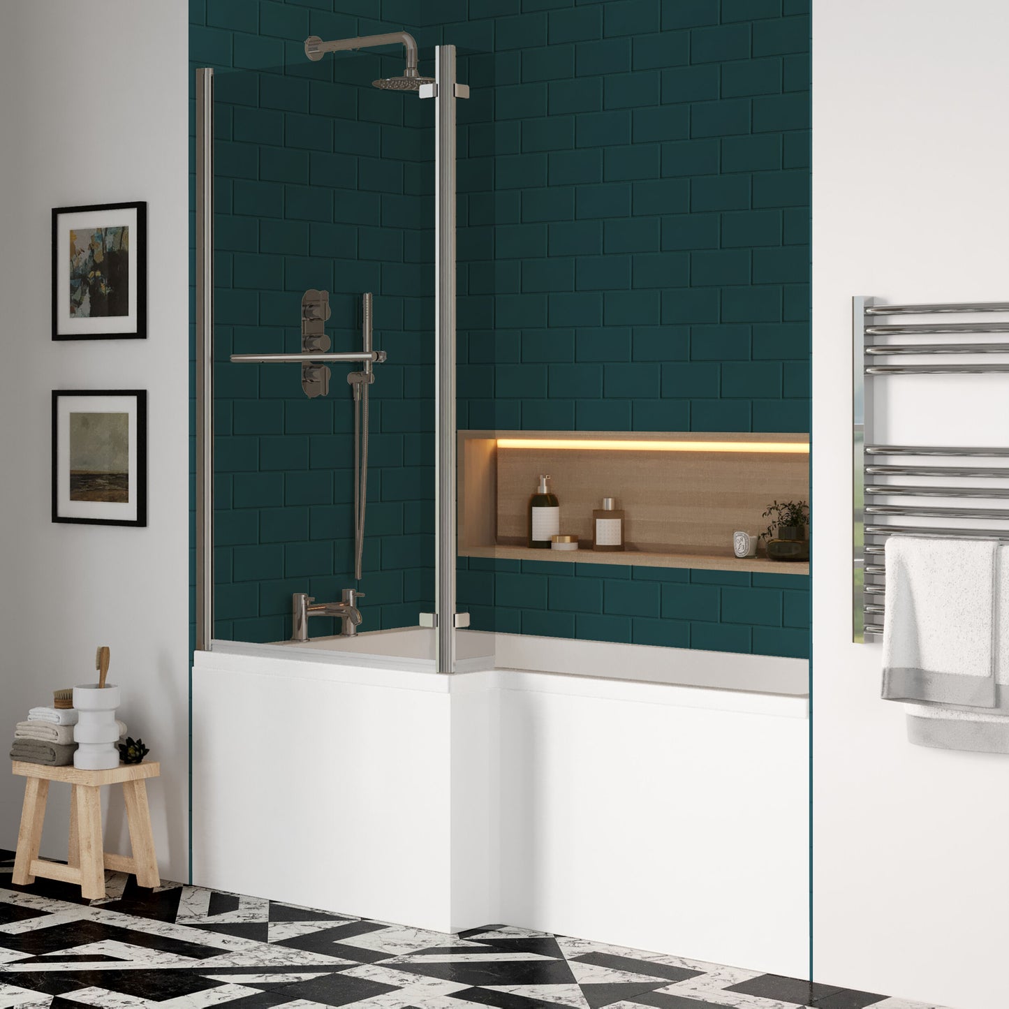 Nuie 1700mm x 850mm White L-Shaped Left Hand Shower Bath, Bath Screen, Side Panel and Leg Set