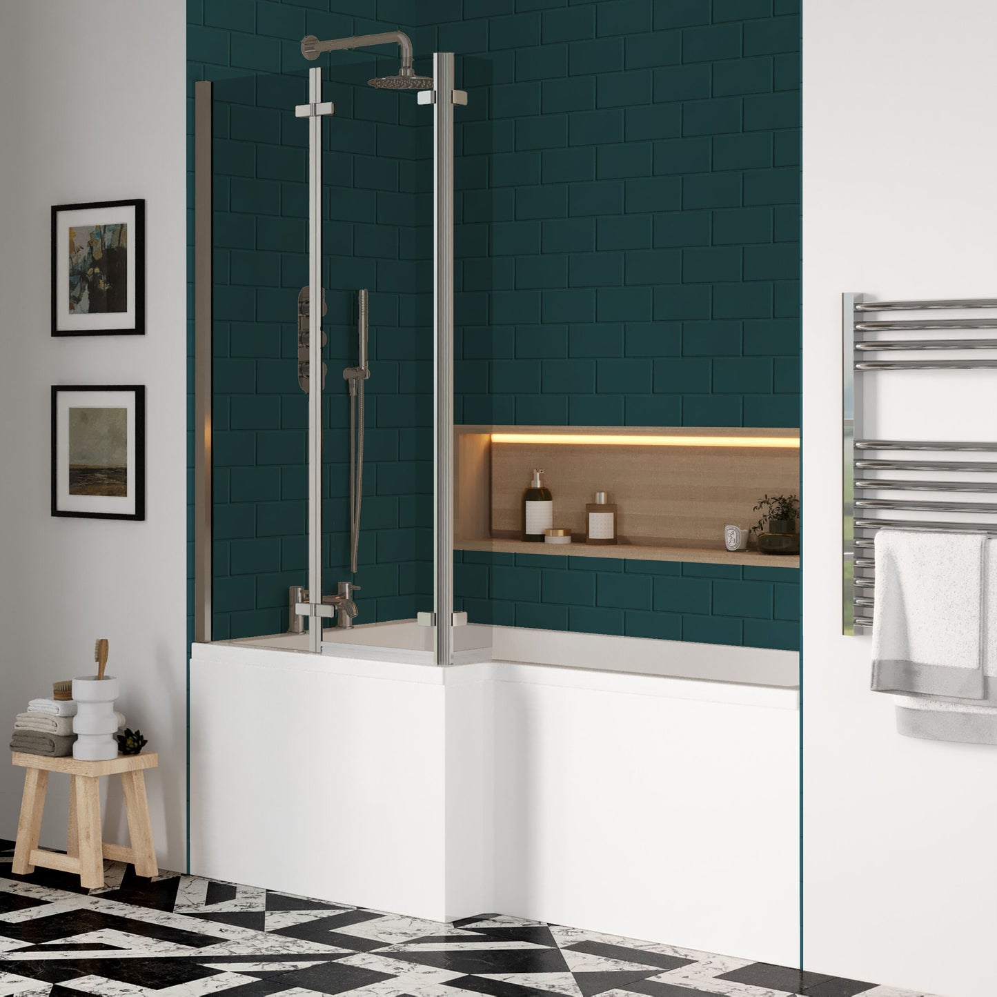 Nuie 1700mm x 850mm White L-Shaped Left Hand Shower Bath, Bath Screen, Side Panel and Leg Set