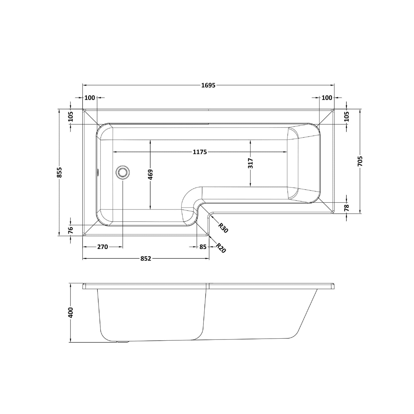 Nuie 1700mm x 850mm White L-Shaped Left Hand Shower Bath, Bath Screen, Front Panel and Leg Set