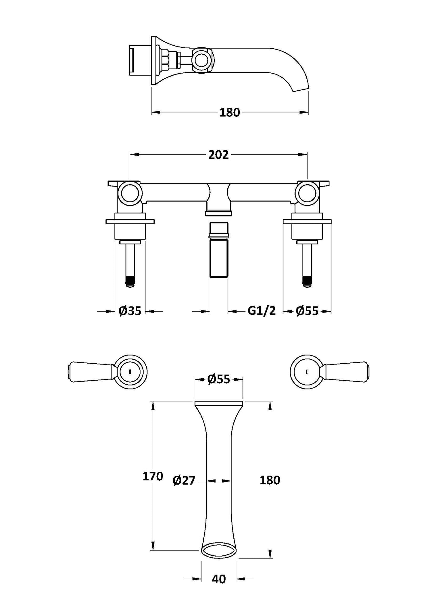 White Topaz With Lever Handle 3 Tap Hole Wall Mounted Basin Mixer