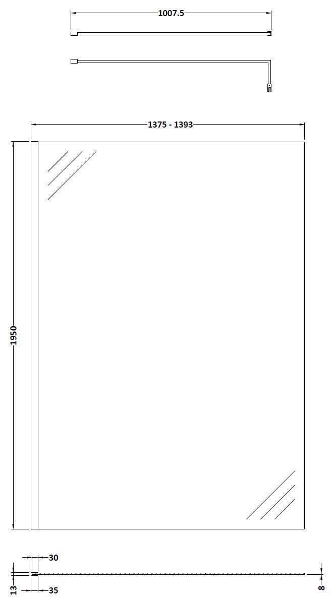 Balterley Contemporary Bathroom 8mm Glass Profile Wetroom Screen with Support Bar, Brushed Brass, 1950 x 1400 x 14mm