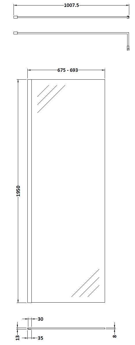 Balterley Contemporary Bathroom 8mm Glass Profile Wetroom Screen with Support Bar, Matt Black, 1950 x 700 x 14mm