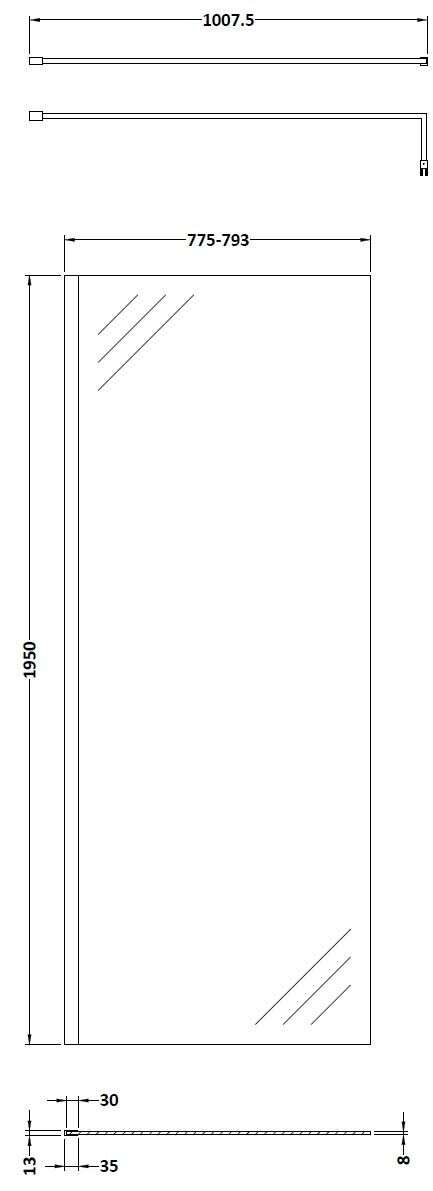 Balterley Contemporary Bathroom 8mm Glass Profile Wetroom Screen with Support Bar, Matt Black, 1950 x 800 x 14mm