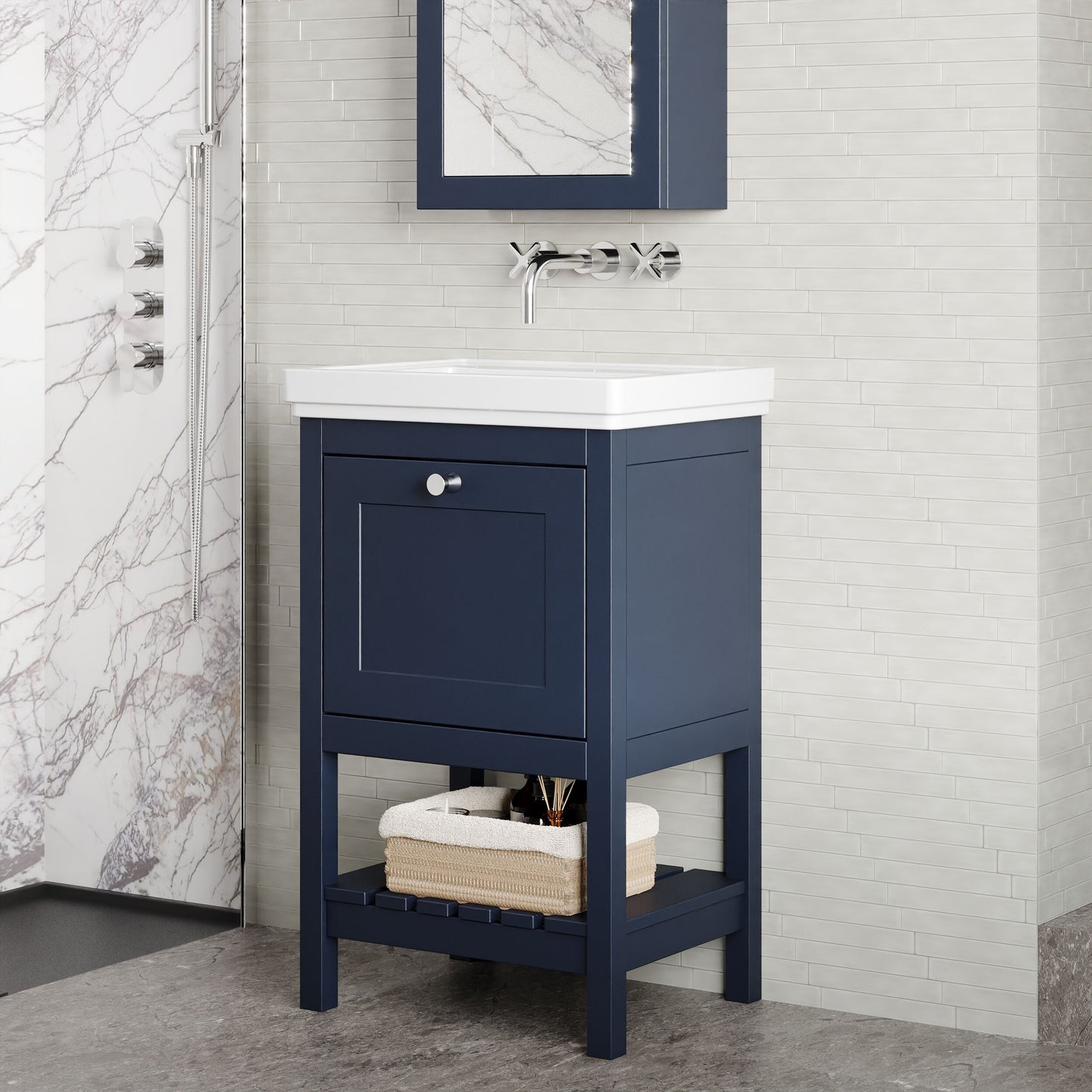 Hudson Reed Bexley 500mm Indigo Blue Floor Standing 1 Drawer Vanity Unit with 0 Tap Hole Fireclay Basin