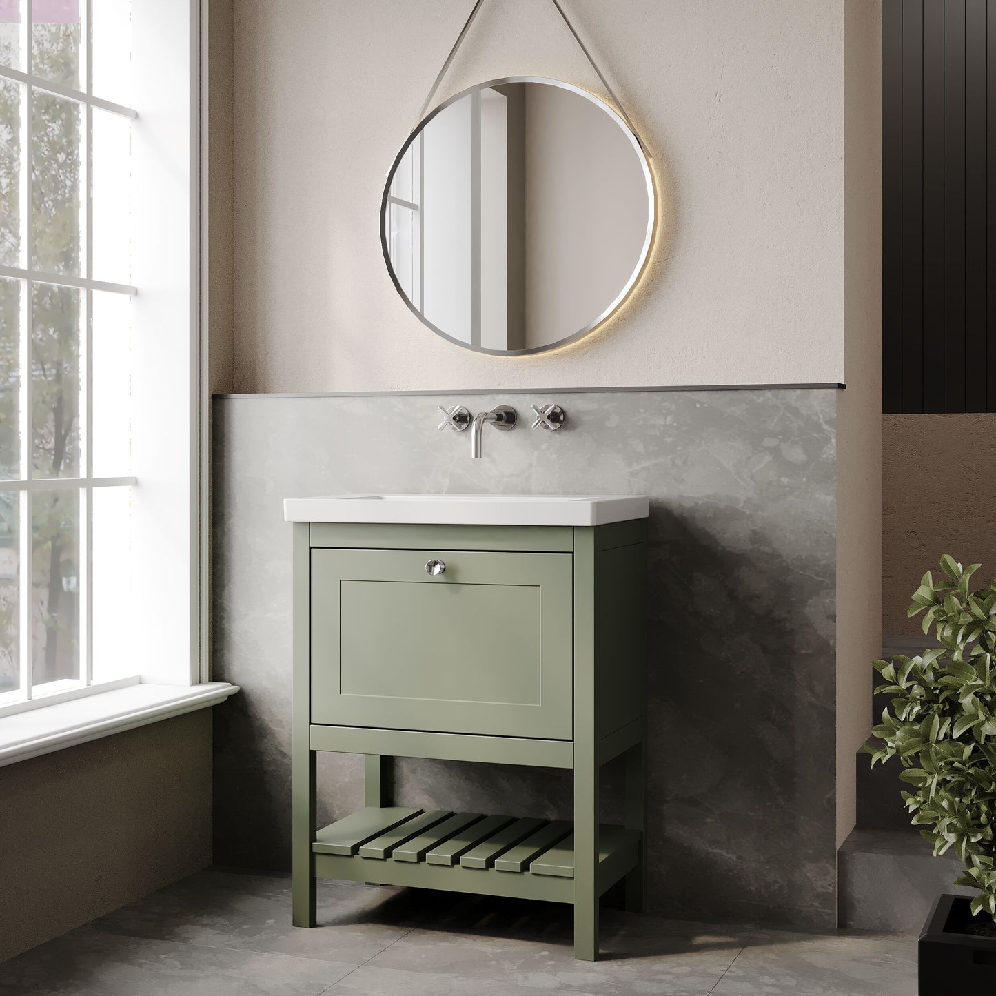 Bexley Floor Standing 1 Drawer Vanity & 0 Tap Hole Contemporary Fireclay Basin, 600mm - Fern Green