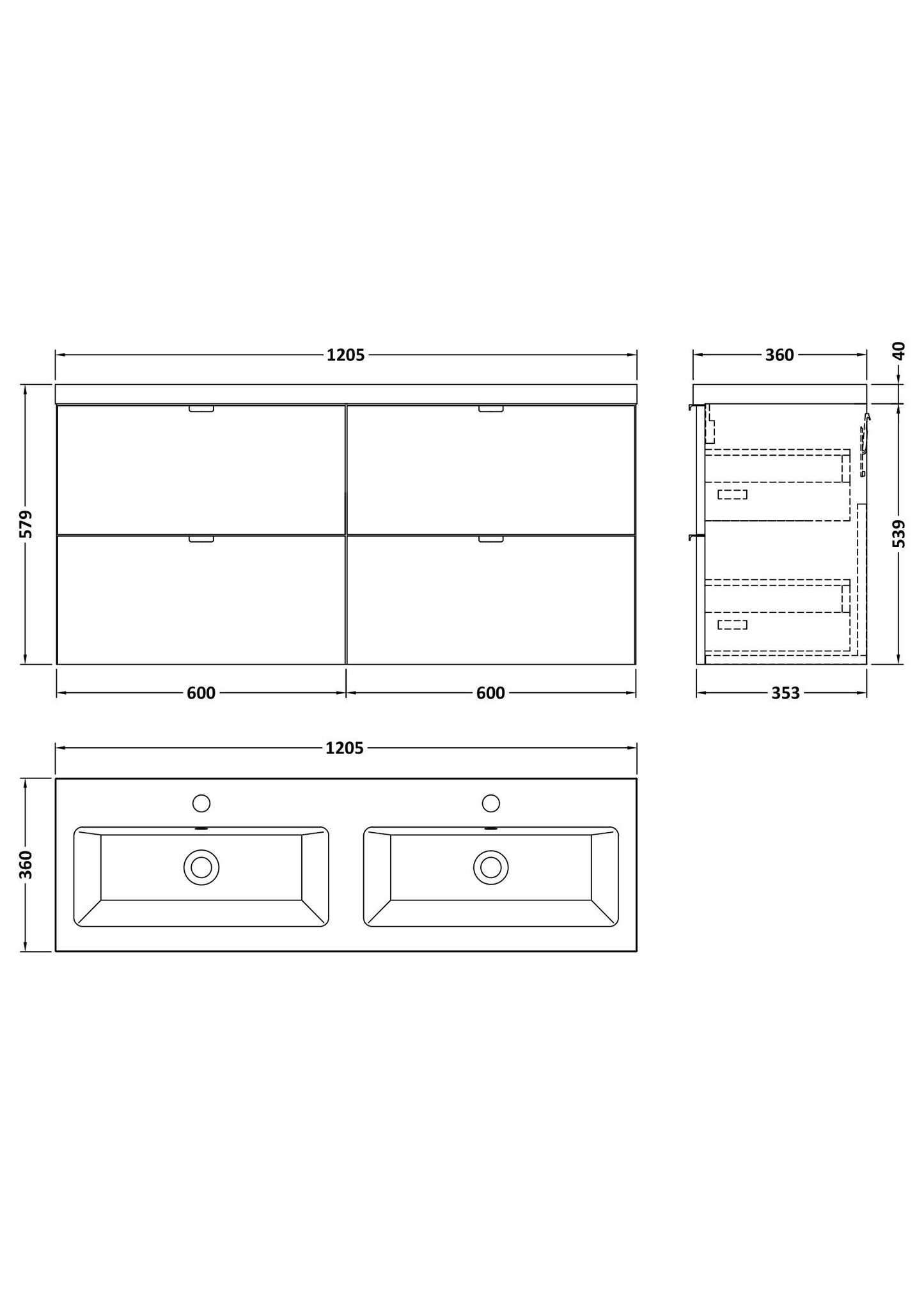 Hudson Reed Fusion 1200mm Wall Hung Gloss White 4 Drawer Vanity Unit with Double Ceramic Basin