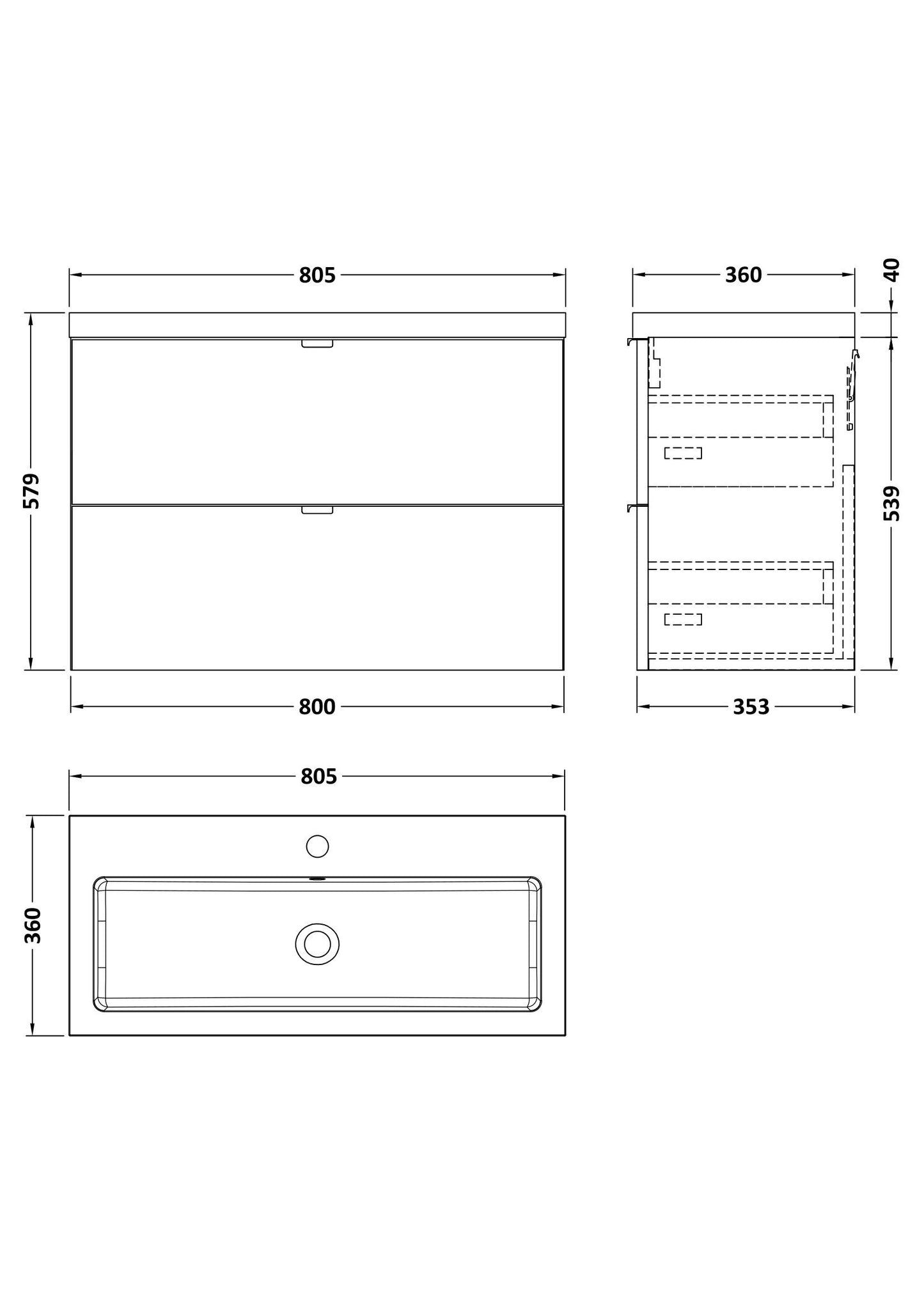 Hudson Reed Fusion 800mm Charcoal Black 2 Drawer Wall Hung Vanity Unit & Basin With Soft Close Drawers