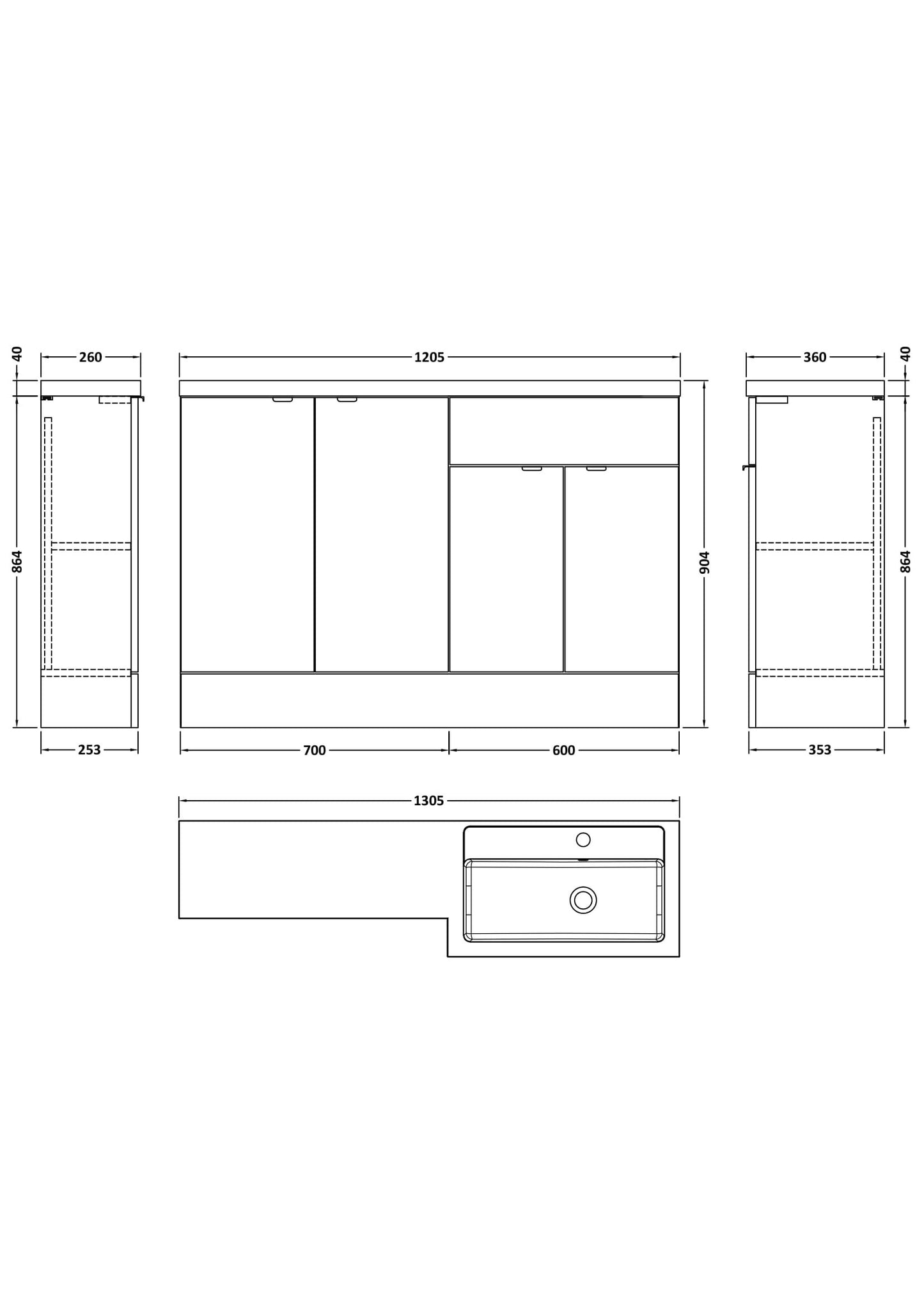 Hudson Reed Fusion 1200mm Floor Standing 4 Door Right Hand Vanity Basin Combination