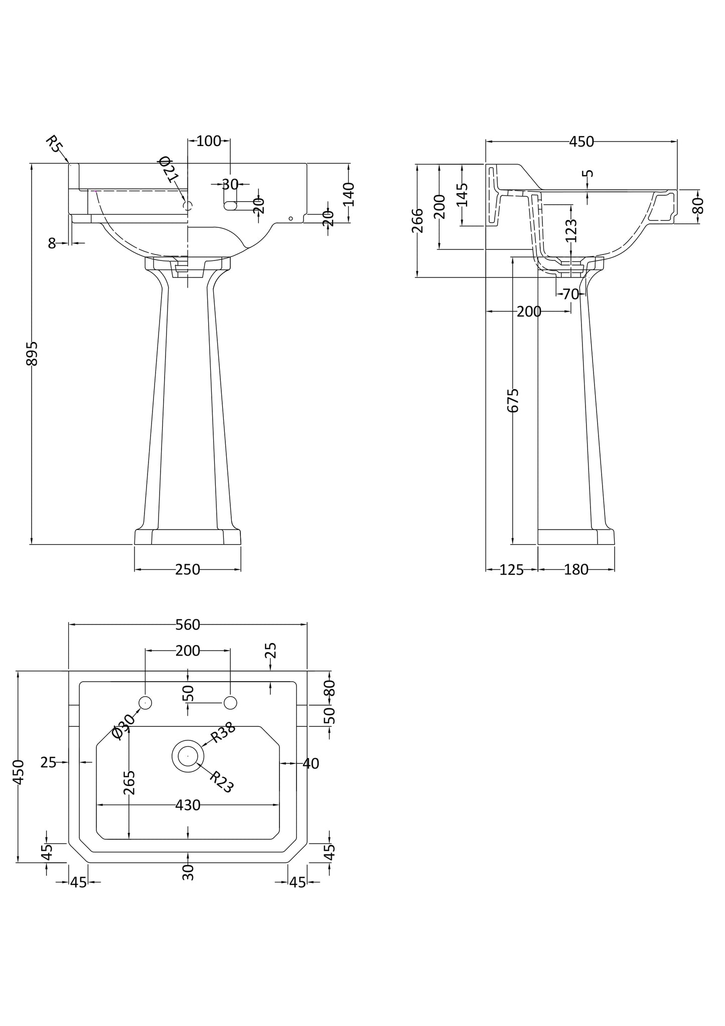 Hudson Reed Richmond 565mm Traditional 2 Tap Hole Basin & Pedestal