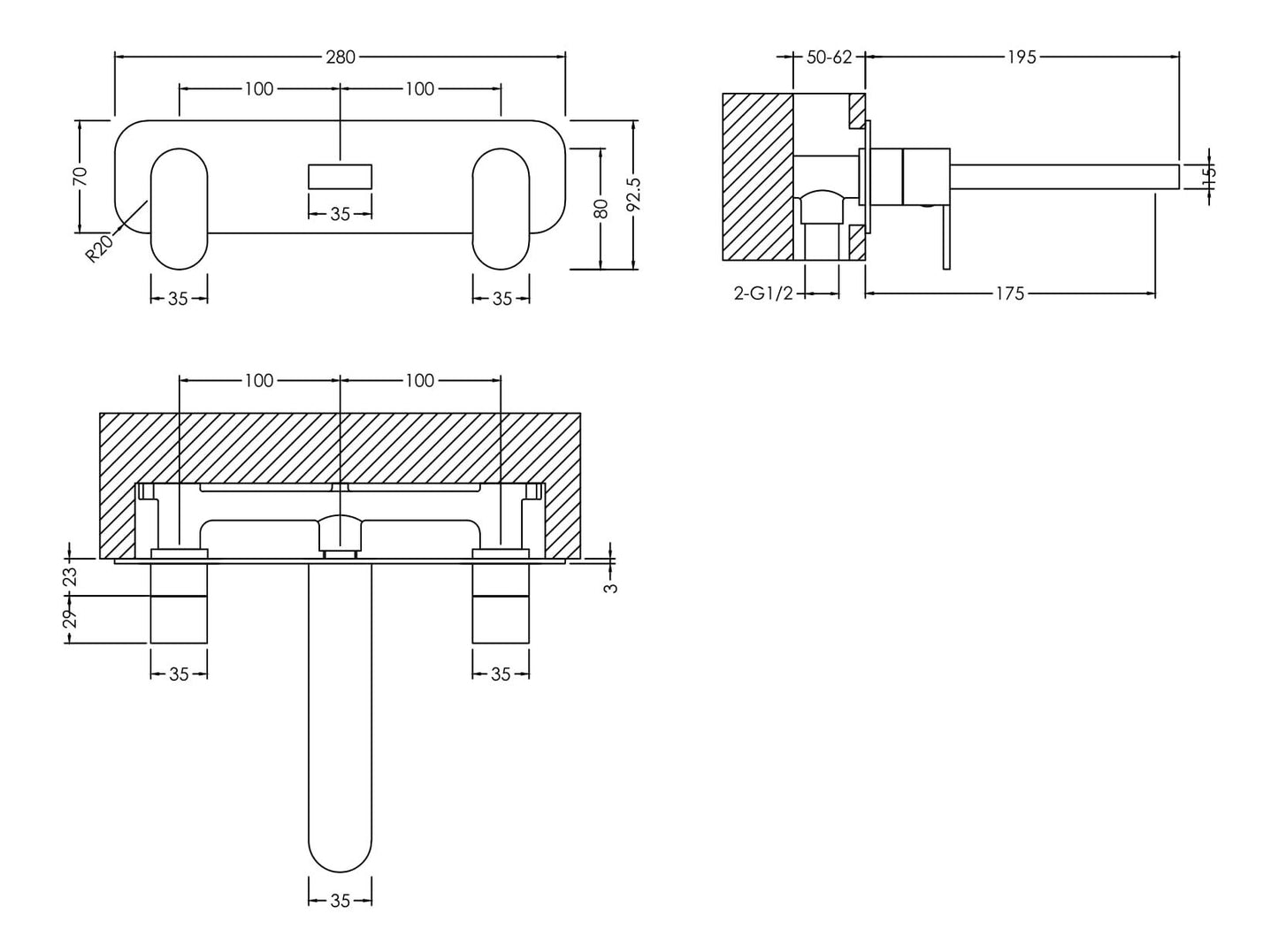 Chlemsford Wall Mounted 3 Tap Hole Basin Mixer With Plate