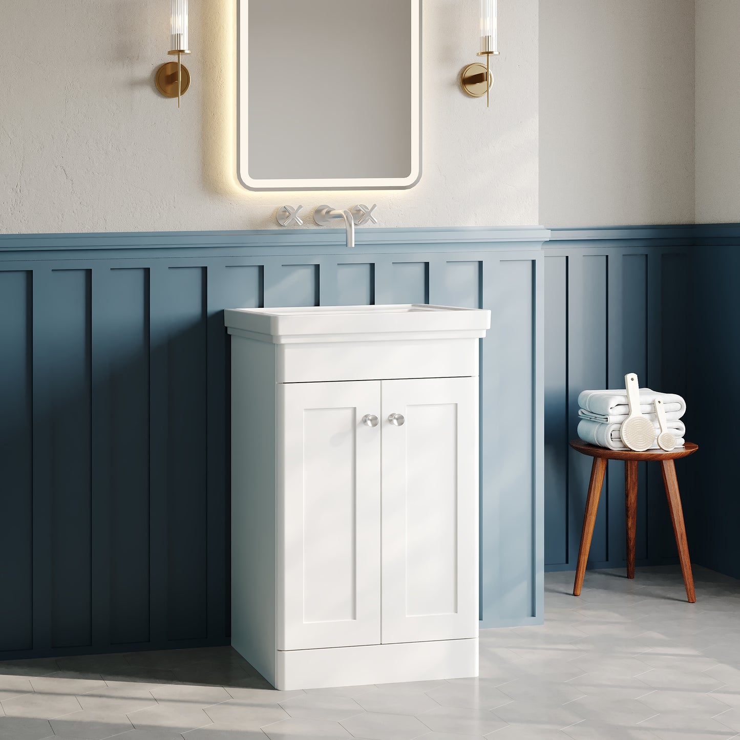 Nuie Classique 500mm Satin White Floor Standing 2 Door Vanity Unit With Basin