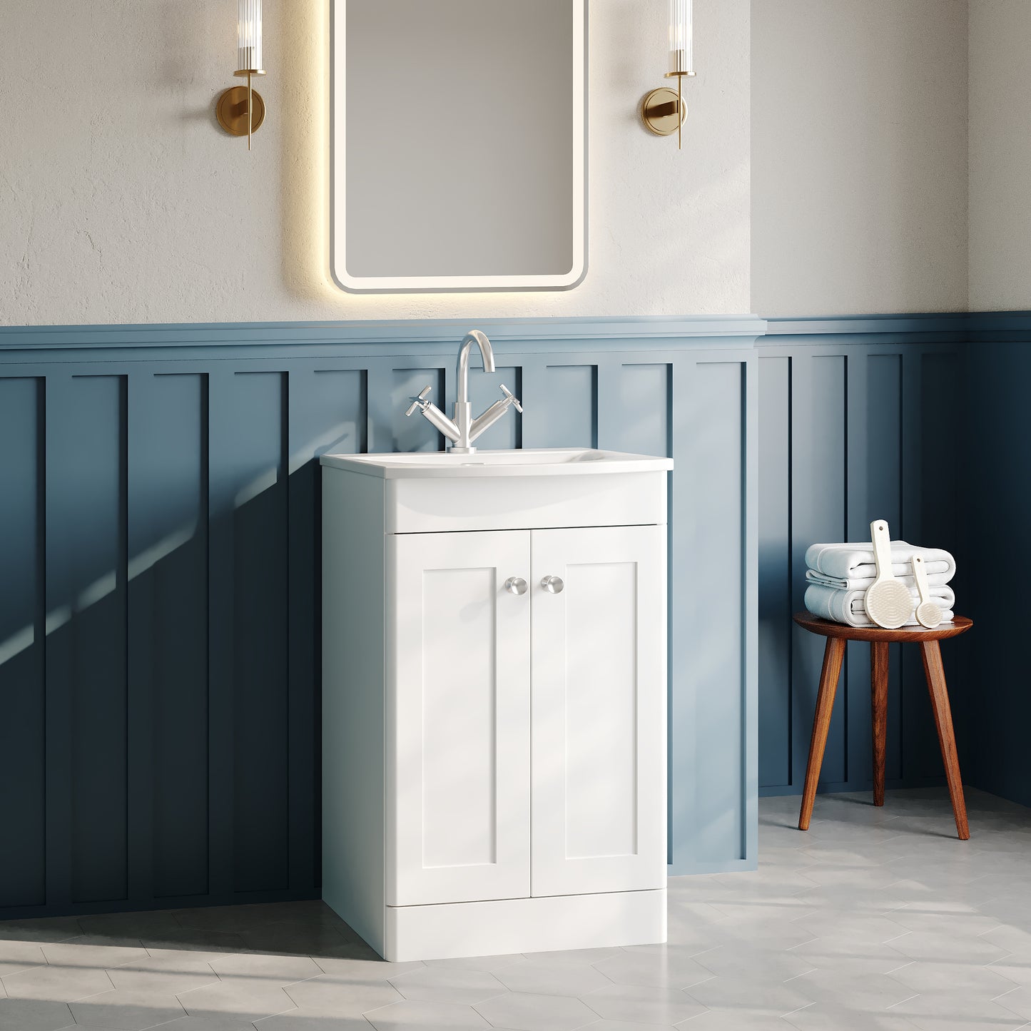 Nuie Classique 500mm Satin White Floor Standing 2-Door Vanity Unit & Curved Basin