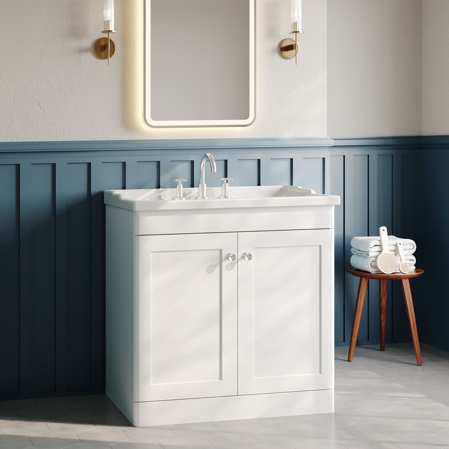 Nuie Classique 800mm Satin White Floor Standing 2 Door Vanity Unit With 3 Tap Hole Basin