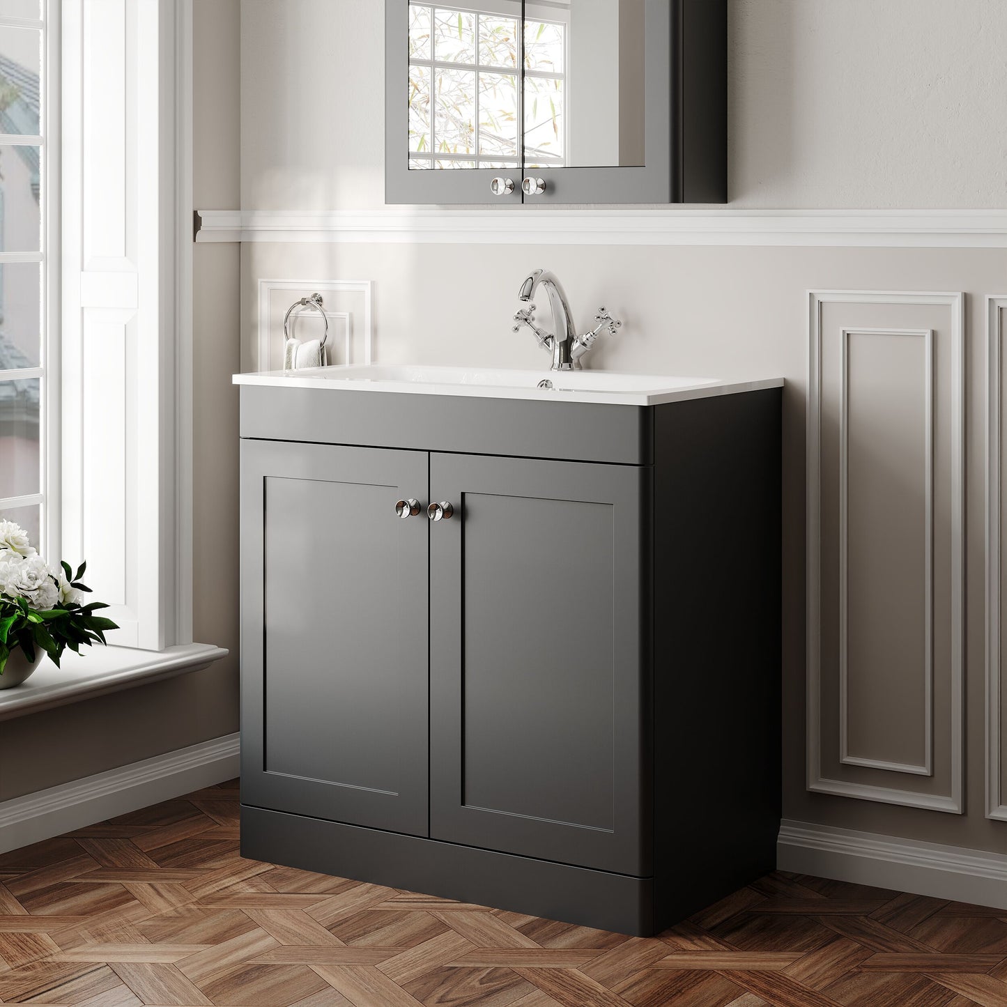 Classique Floor Standing 2 Door Vanity Basin Unit & 1 Tap Hole Stone Basin, 800mm