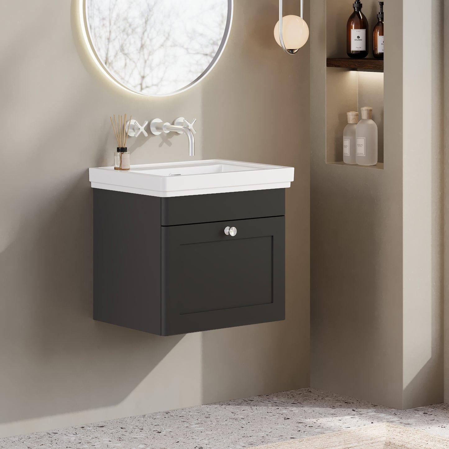 Nuie Classique 500mm Soft Black Wall Hung 1 Drawer Vanity Unit with Basin