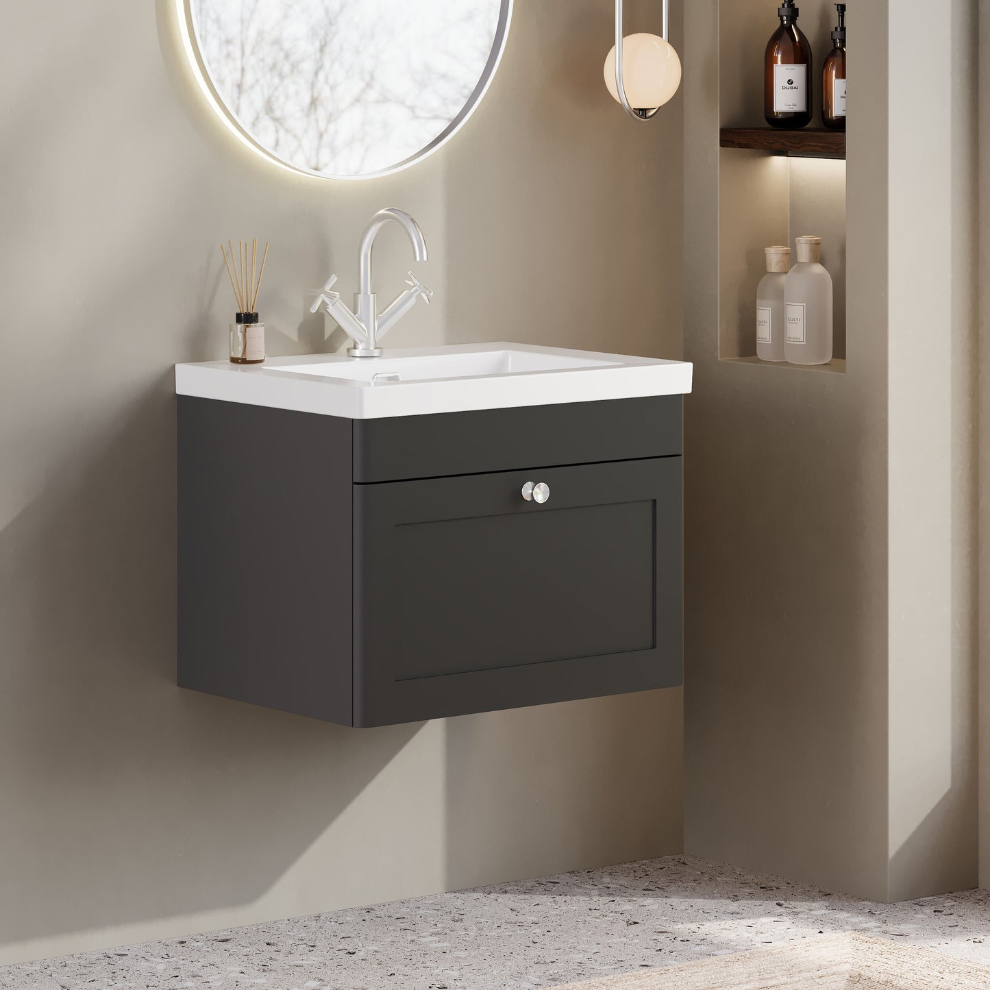 Nuie Classique Traditional 600mm Soft Black Wall Hung 1-Drawer Vanity Unit With Basin, 1 Tap Hole
