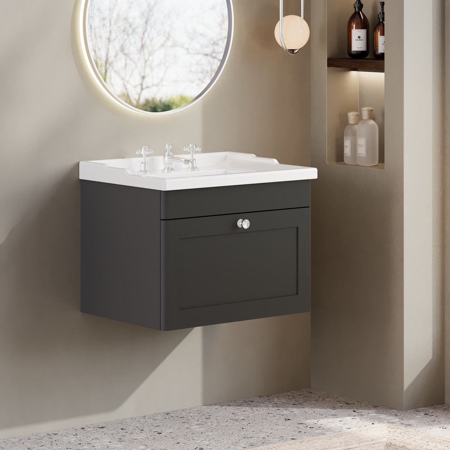 Nuie Classique 600mm Wall Hung 1 Drawer Unit & 3 Tap Hole Basin
