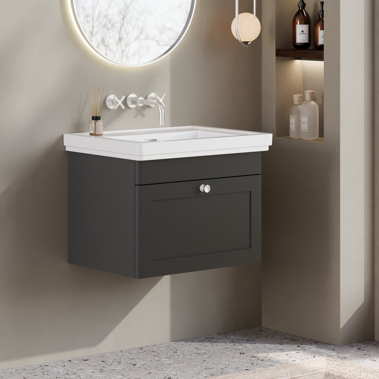Nuie Classique 600mm Soft Black Wall Hung Vanity Unit Including Basin
