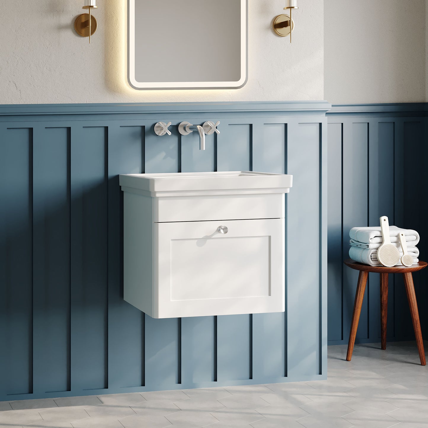 Nuie Classique 500mm Satin White Wall Hung 1 Drawer Vanity Unit & Basin With Chrome Handle