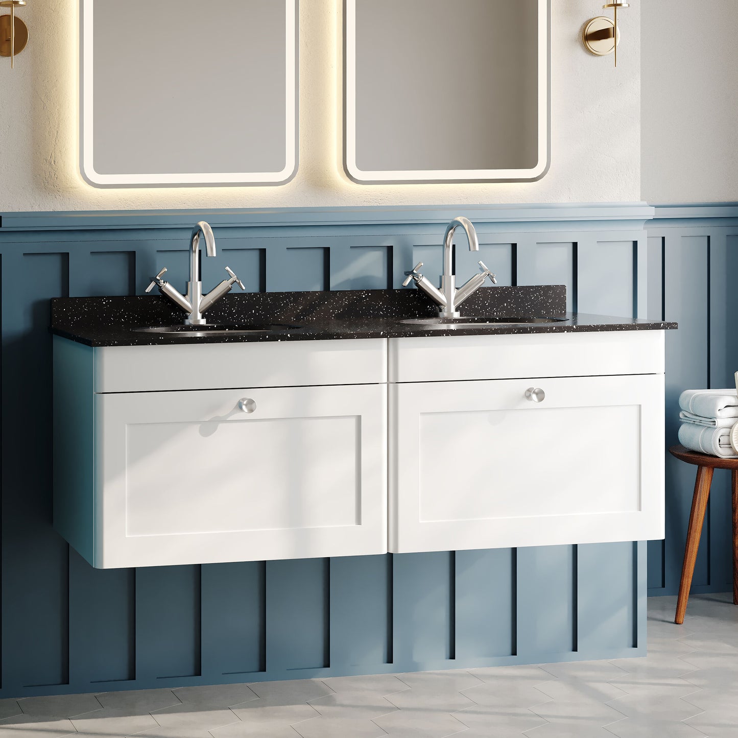 Nuie Classique 1200mm 2 Drawer Wall Hung Vanity Unit With 2 Tap Hole Round Basin, Handles & Backsplash