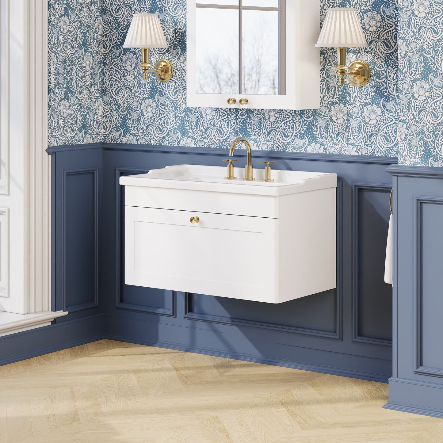 Nuie Classique 800mm Satin White Wall Hung Vanity Unit With 3 Tap Hole Basin