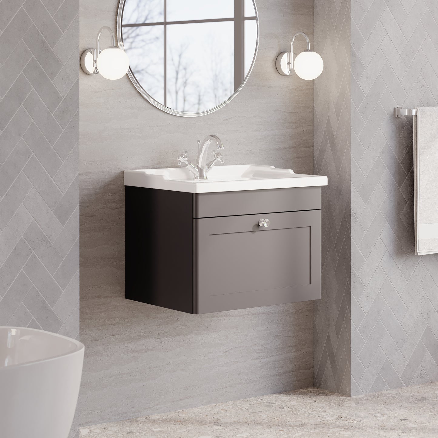 Nuie Classique 600mm Wall Hung 1 Drawer Unit & 1 Tap Hole Fireclay Basin