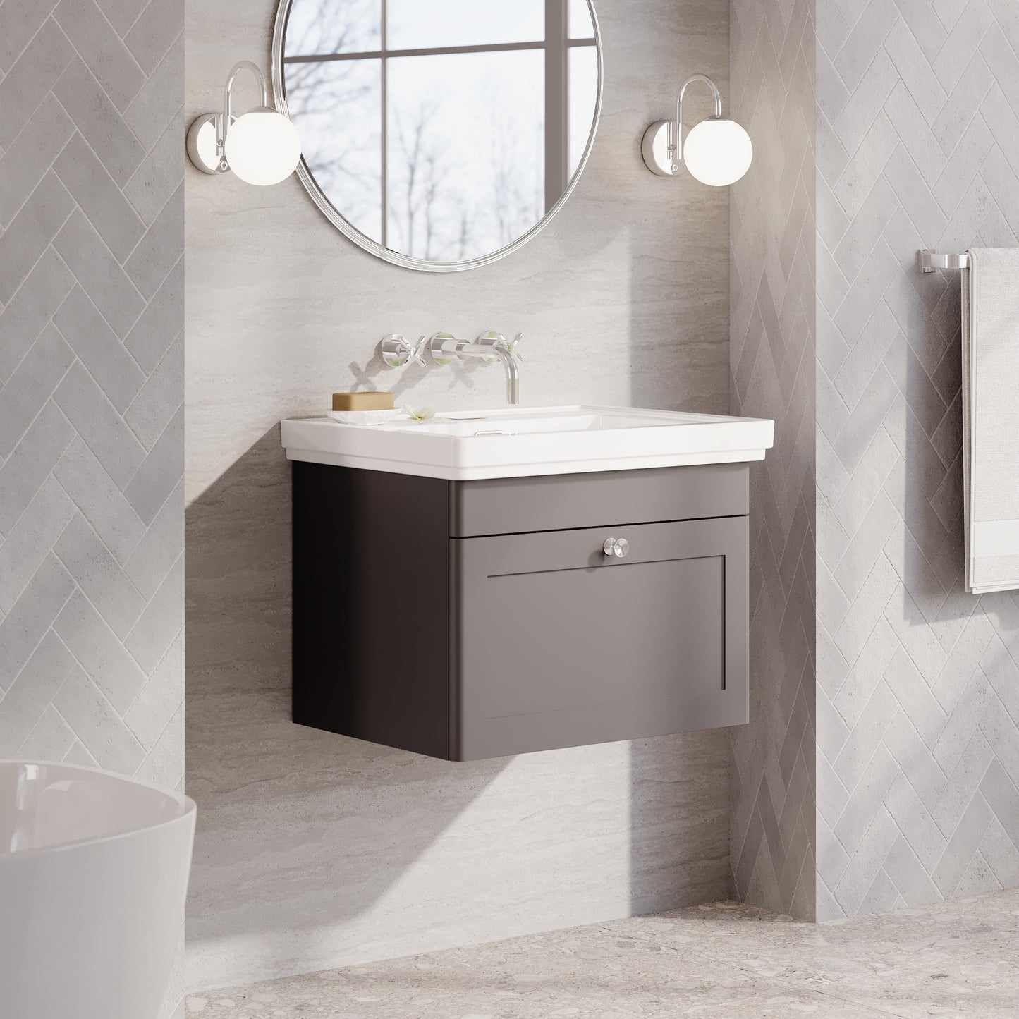 Nuie Classique 600mm Wall Hung 1 Drawer Vanity Unit with 0 Tap Hole Basin