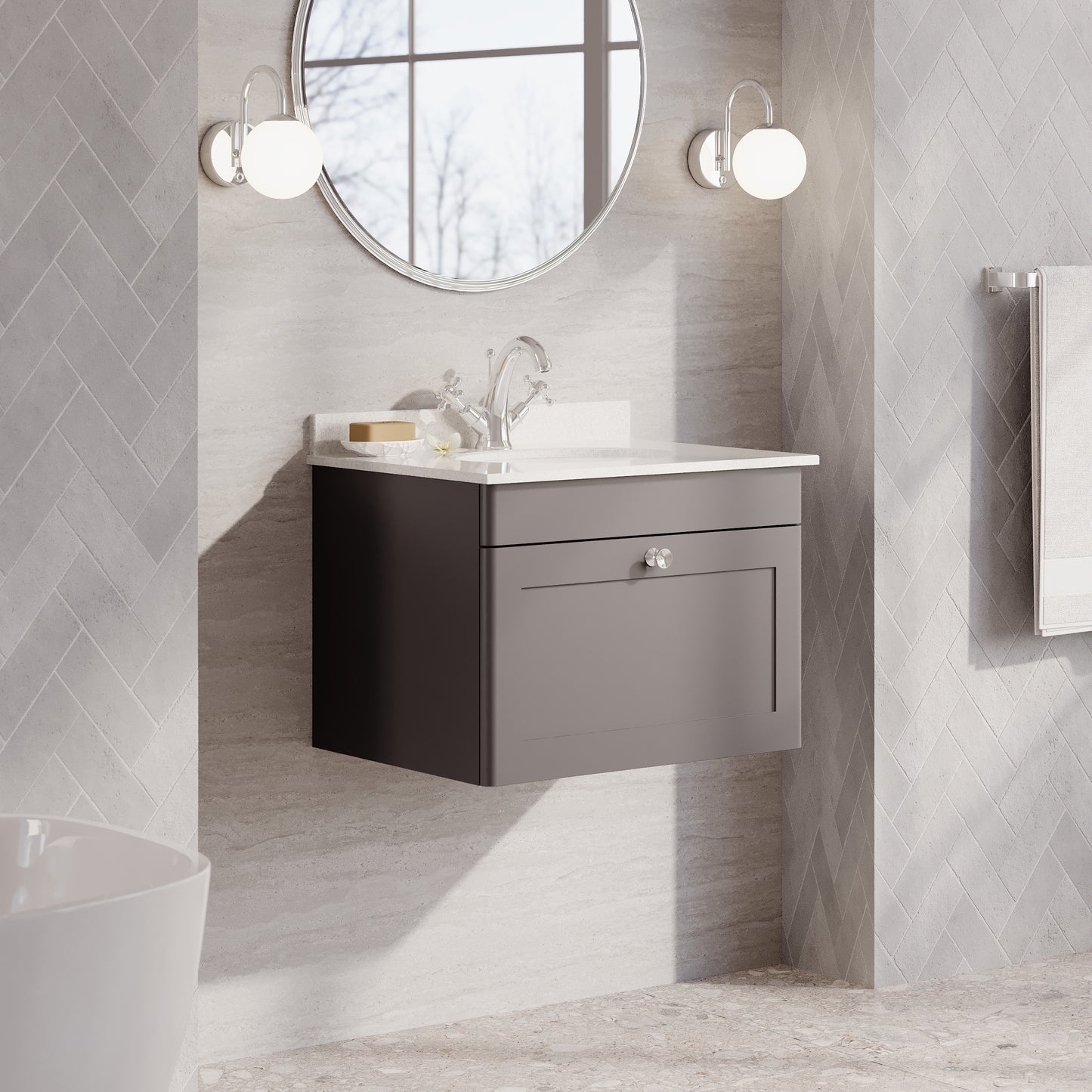 Classique Wall Hung 1 Drawer Unit & 1 Tap Hole Marble Top with Oval Basin, 600mm